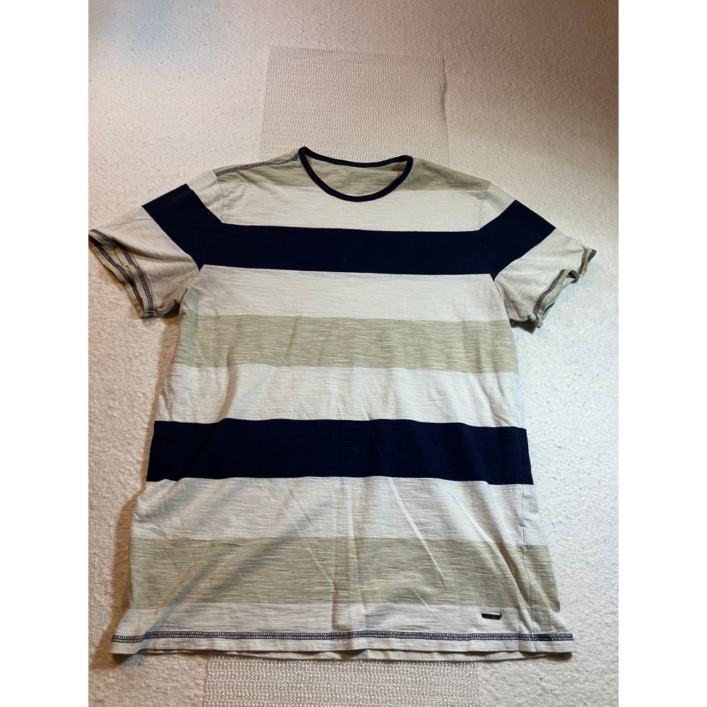 Express ColorBlock T-Shirt Mens Large Navy Tan White Striped Slub Knit Tee